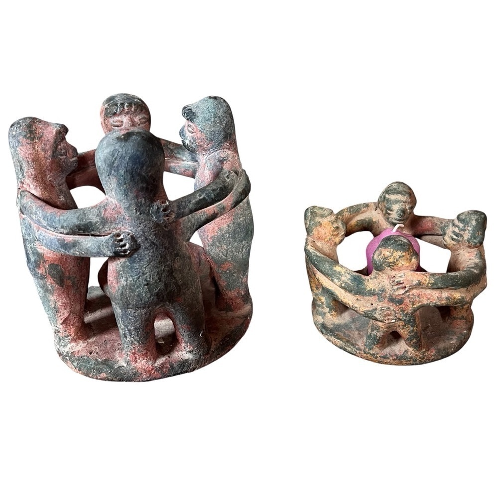 Vintage Aztec/Mayan Circle of Friends Terracotta Clay Candle Holder Set